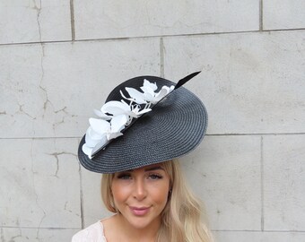 Elegant Black and White Wide-Brim Hatinator. Satin White Headband is removable Accessories | Elegant Black And White Widebrim Hatinator  main image 3