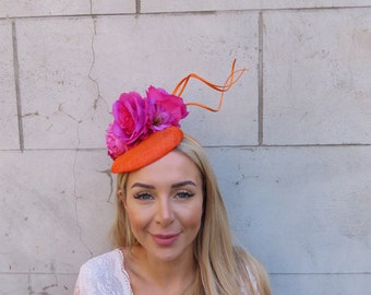 Orange & Pink Flower Pillbox Hat Fascinator Wedding Races Headpiece Headband Floral Magenta Burnt Orange Fuchsia Hatinator u10505