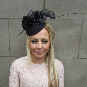 Black Rose Flower Feather Pillbox Hat Hair Fascinator Wedding Races Ascot sh-432
