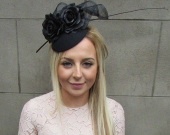 Black Rose Flower Feather Pillbox Hat Hair Fascinator Wedding Races Ascot sh-432