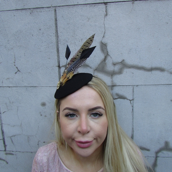 Black Gold Brown Pheasant Feather Pillbox Hat Fascinator Races Wedding Guest Headpiece Hairband Headband Cheltenham u1b82