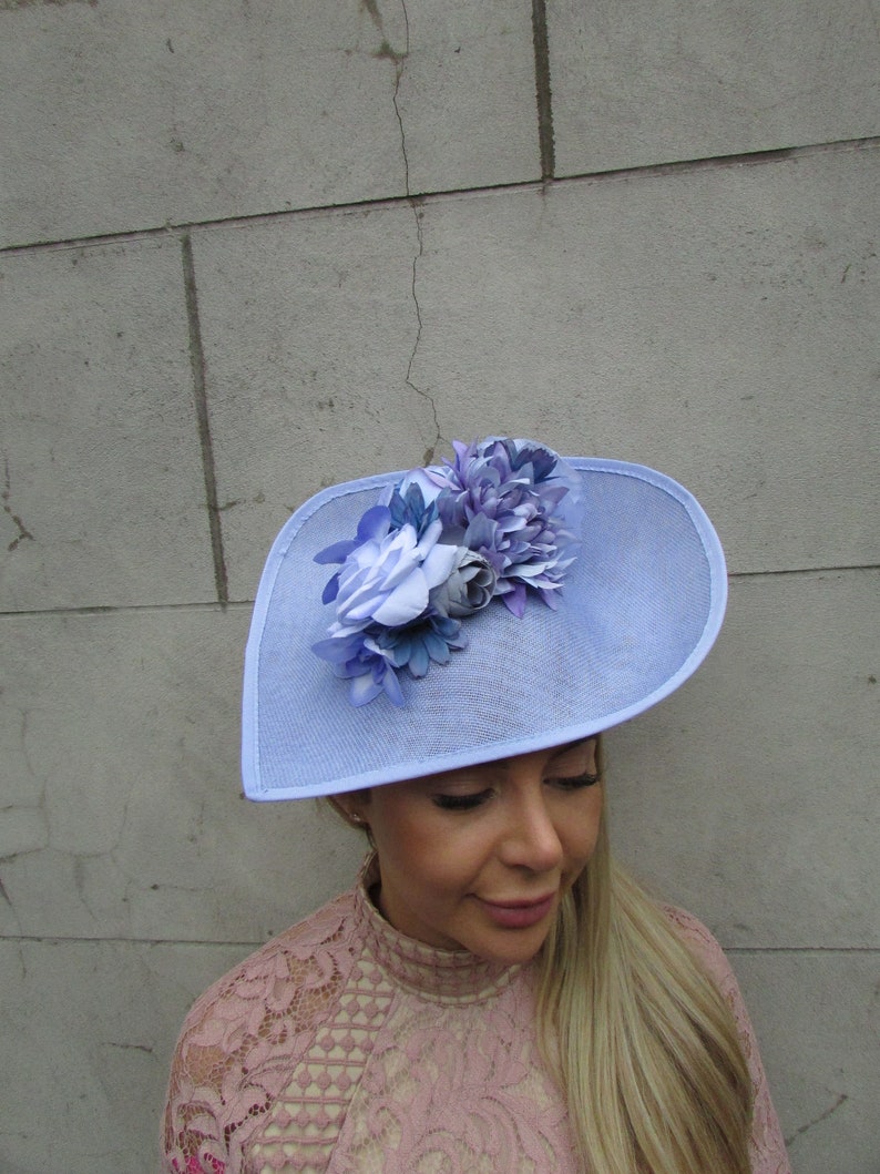 Large Light Cornflower Blue Lilac Periwinkle Bluebell Rose Floral Flower Fascinator Hat Big Teardrop Wedding Races sh-208 image 2