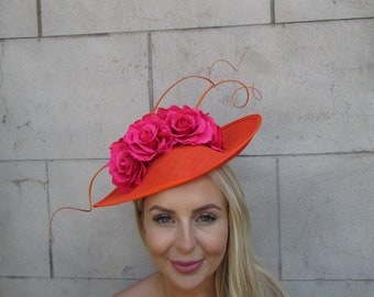 Large Orange Hot Pink Cerise Rose Flower Fascinator Hat Big Teardrop Tilted Floral Wedding Races Headband Hairband sh-377