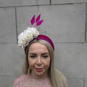 Fuchsia Magenta Pink Fascinator Cream Rose Flower Velvet Padded Headband Fascinator Headpiece Wedding Races Halo Cerise u1b7 uu