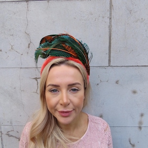 Burnt Orange & Green Pheasant Peacock Feather Velvet Padded Headband Fascinator Races Ascot Wedding Guest Headpiece u12710