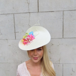Large Cream Orchid Flower Feather Straw Style Hat Fascinator Wedding Races Ascot Disc Headband Hatinator Big Pink Lime Yellow u10408