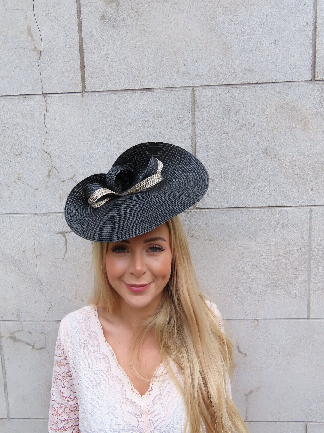 One off Piece Large Black & Gold Straw Style Hat Fascinator Wedding ...