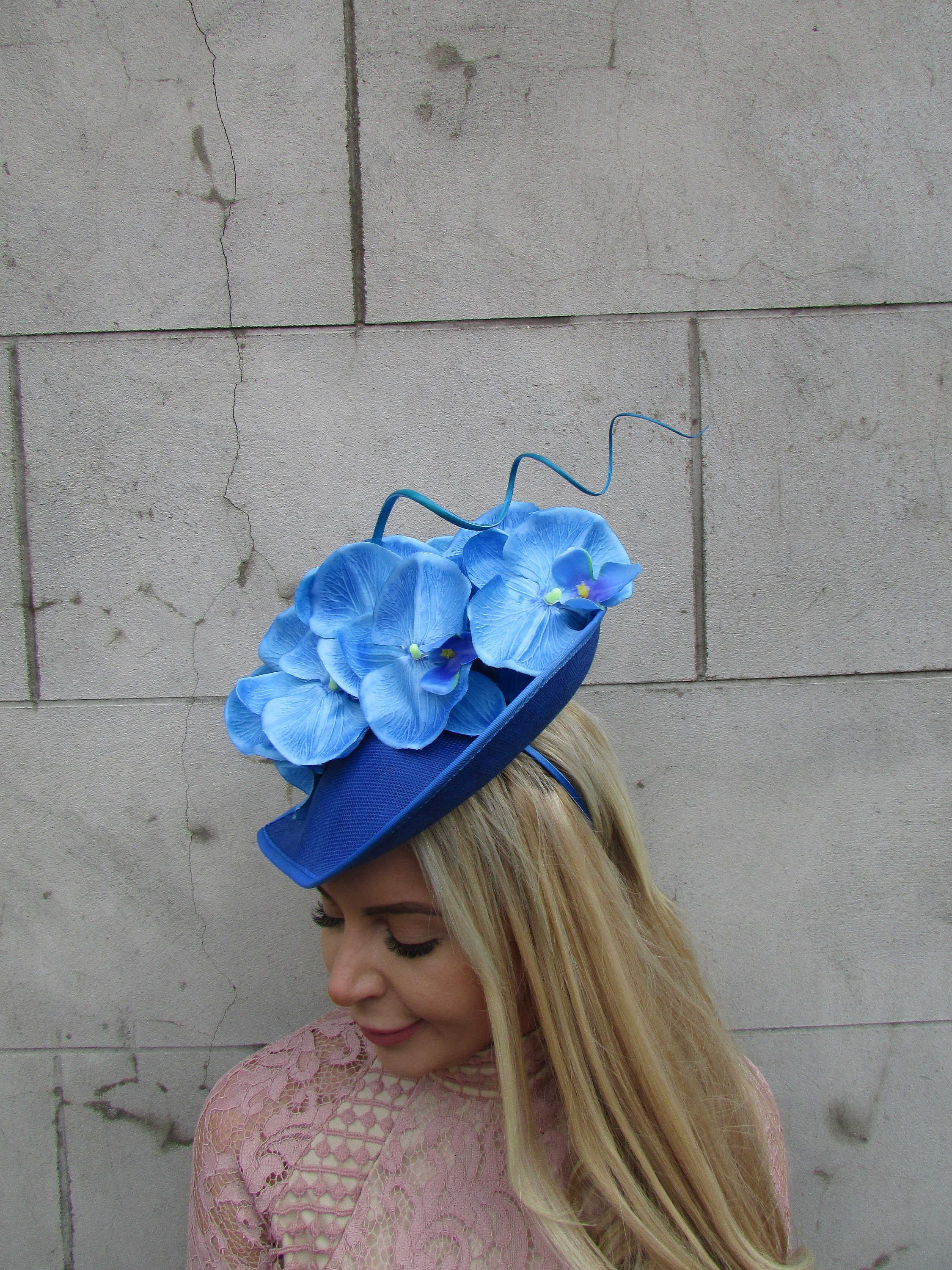 Blue Silk Orchid and White Feathers Fascinator White Ostrich Feather Fascinator | Wedding Feather Headpiece  main image 3
