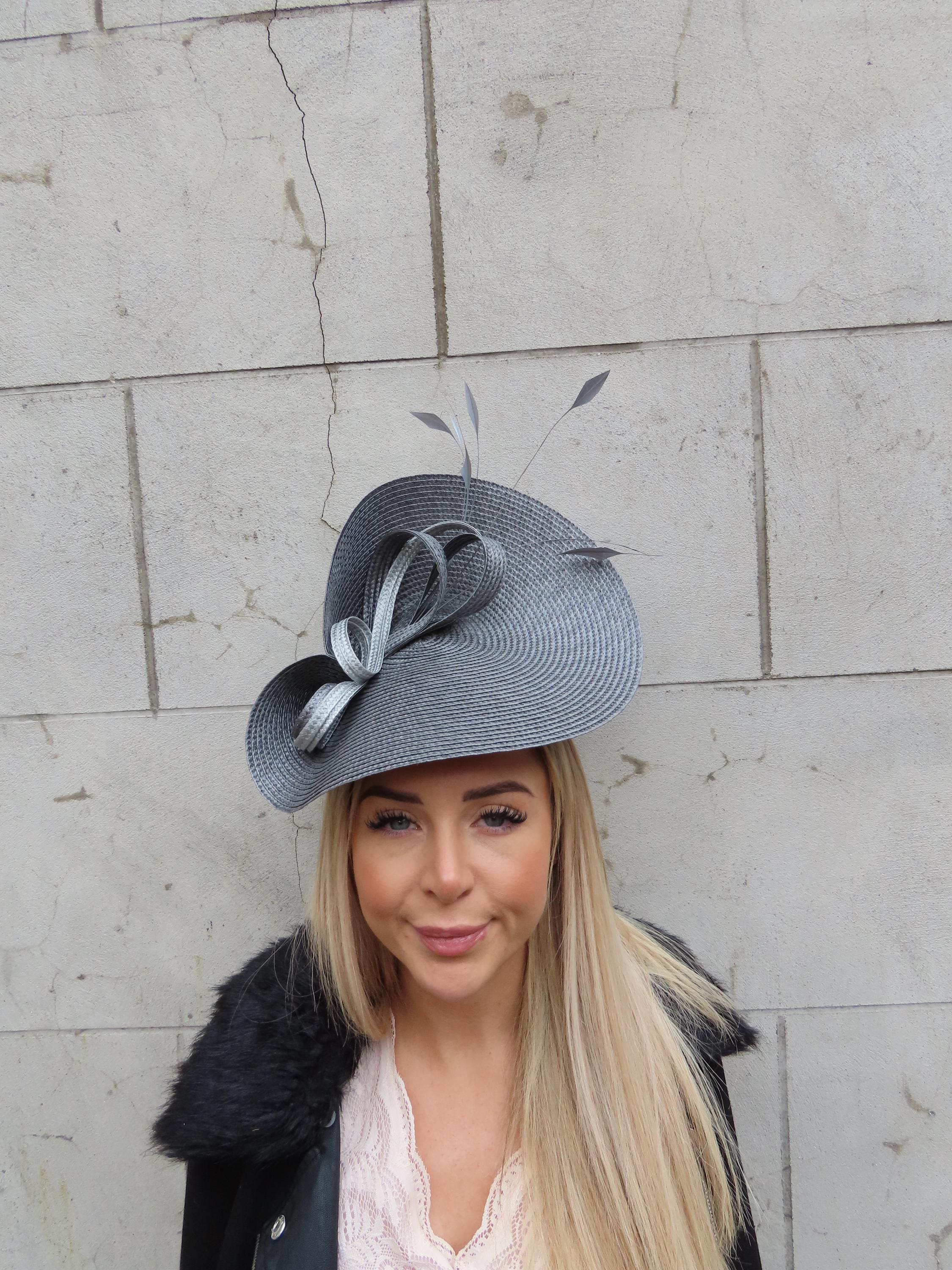 Fascinator hat gray kentucky derby hat fascinator silver gray satin with netting  main image 2