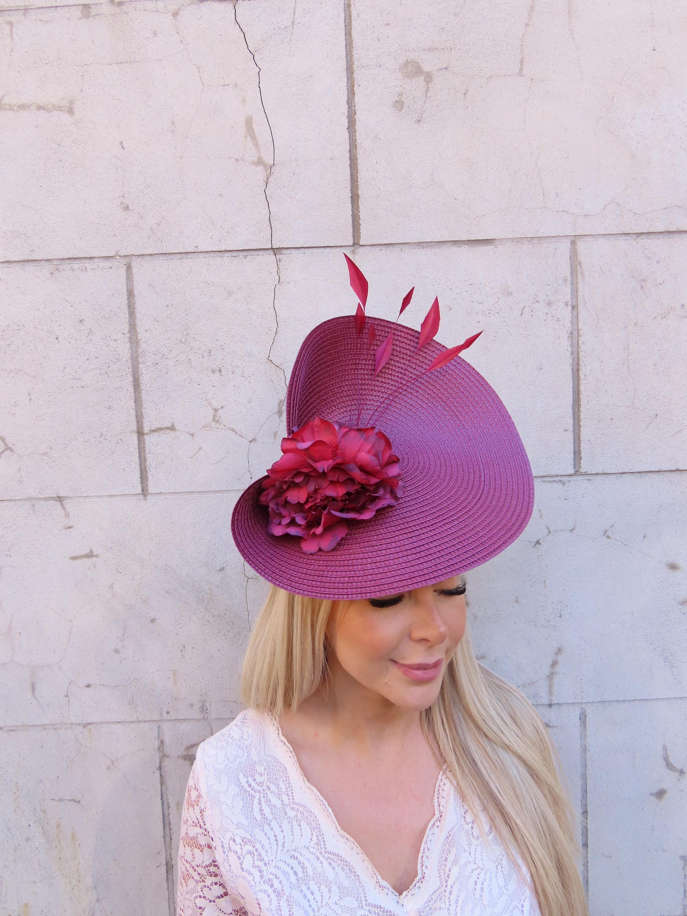 One off Piece Large Burgundy Flower & Feather Hat Fascinator 