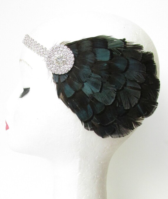 Gold Navy Blue Black Lady Amherst Pheasant Feather Fascinator Headband 40s 4176
