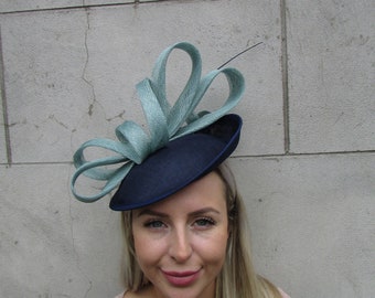 One Off Piece - Large Navy Blue Light Teal Blue Green Aqua Teal Disc Saucer Feather Hat Fascinator Wedding Guest Headband Hairband u11009