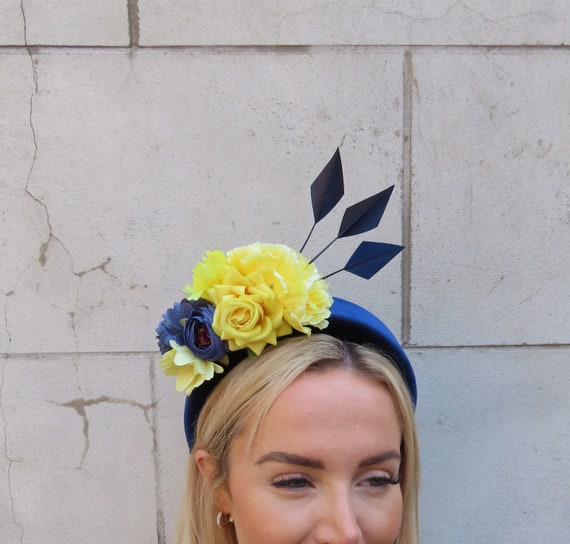Navy Blue & Yellow Flower Velvet Padded Headband Fascinator 