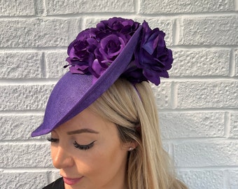 Purple Rose Flower Large Teardrop Fascinator Hat Races Hairband Headband Ladies Day Wedding Dark Purple Headpiece u10305