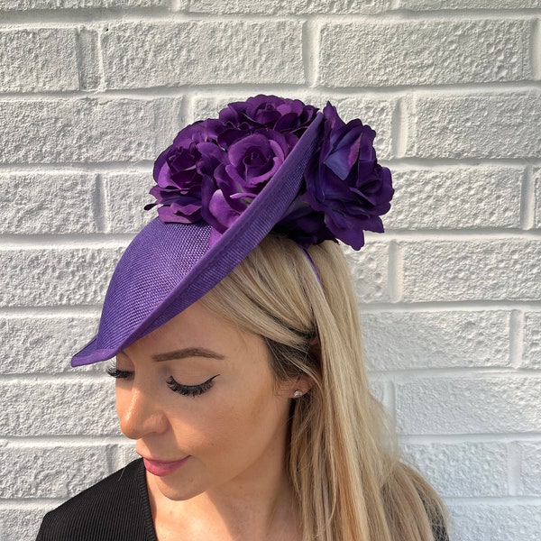 Purple Rose Flower Large Teardrop Fascinator Hat Races Hairband Headband Ladies Day Wedding Dark Purple Headpiece u10305