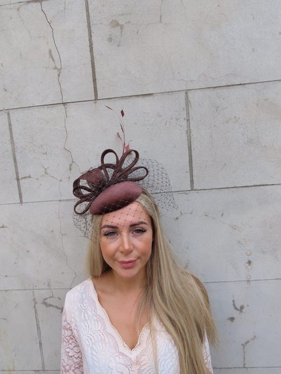 Velvet Fascinator Headpiece with Veil Netting and Feathers for Weddings Elegant Velvet Hat W Feathers and Lace - Vintage Fascinator  main image 3