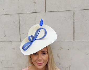 One off Piece Large Cream Light Blue Feather Straw Style Hat 