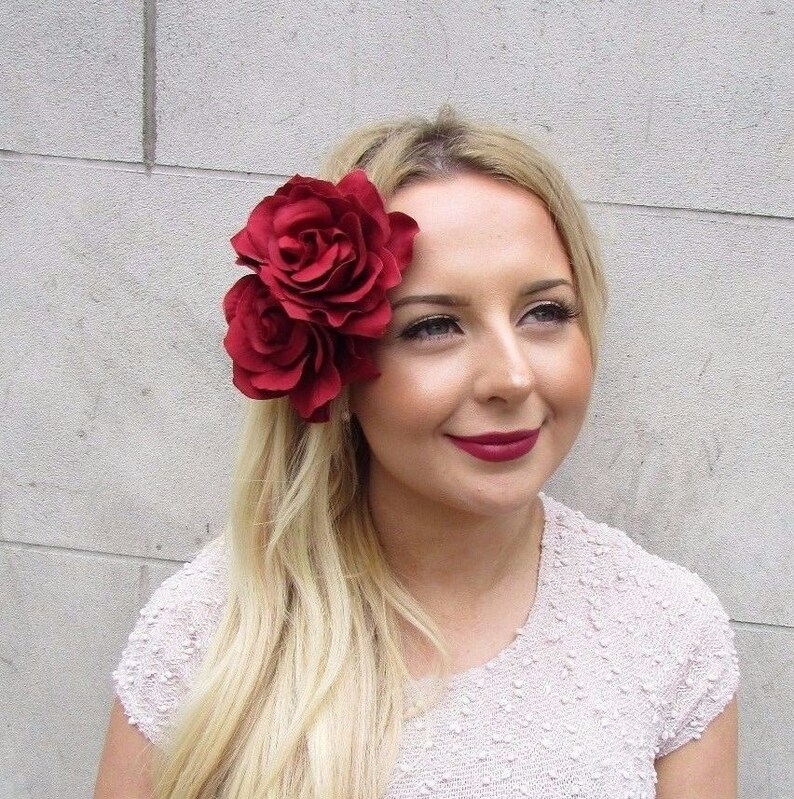 Large Double Burgundy Red Rose Flower Hair Clip Rockabilly 1950s Fascinator 2971