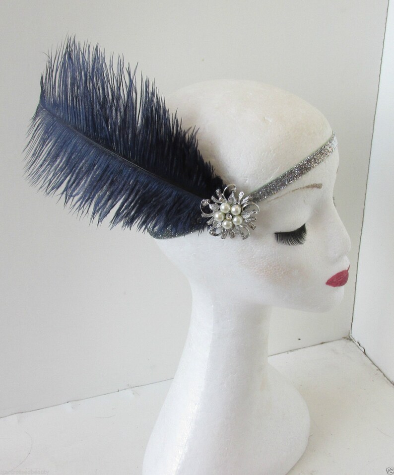 Navy Blue & Silver Ostrich Feather Flapper Headpiece 1920s Etsy