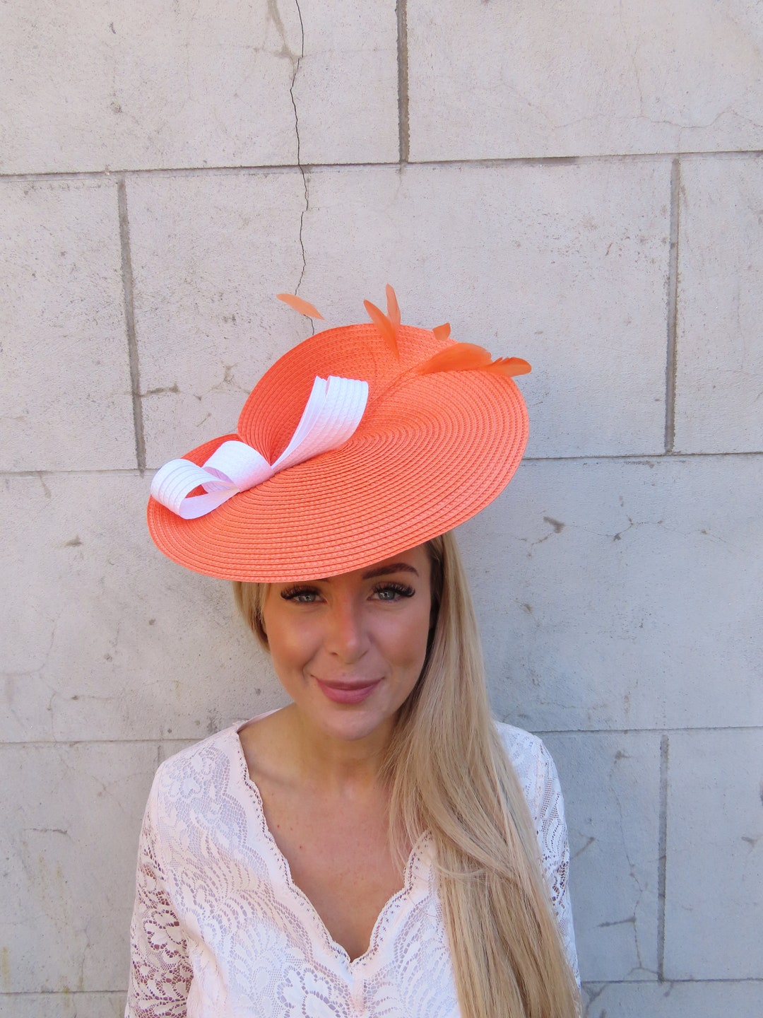 One off Piece Large White & Orange Feather Straw Style Hat Fascinator ...