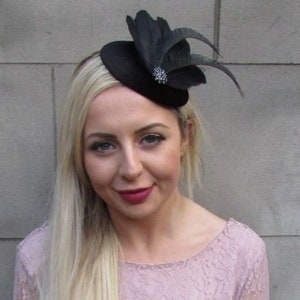 Black Feather Velvet Pillbox Hat Fascinator Hair Races Funeral Cocktail sh-381