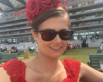 Red Rose Flower Statement Feather Fascinator Headband Races sh-352