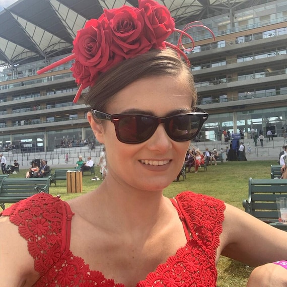 Red Rose Flower Statement Feather Fascinator Headband Races sh-352