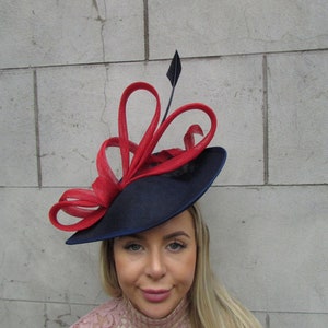 Large Navy Blue Red Statement Fascinator Hat Big Teardrop Wedding Races Hatinator u13010