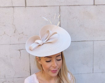 One off Piece Large Champagne Beige Feather Straw Style Hat Fascinator Wedding Guest Races Ladies Day Disc Headband Hatinator u10505