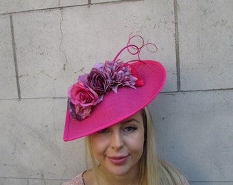 Large Hot Pink Fascinator Fuchsia Pink Plum Magenta Purple Feather Flower Hat Wedding Big Teardrop Races Headband sh-130