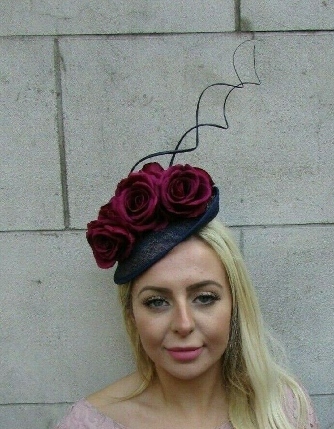 Burgundy Wine Maroon Red Navy Blue Flower Feather Saucer Hat Fascinator