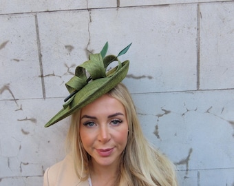 Large Olive Green Feather Sinamay Hat Fascinator Disc Wedding Races
