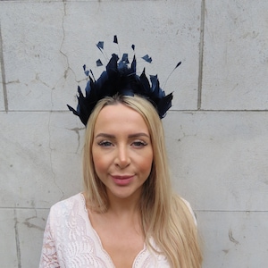 Dark Navy Blue Feather Crown Fascinator Races Wedding Guest Headpiece Hairband Headband Modern Ladies Day Thin Headband u12704a