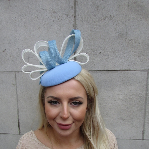 One off piece - only 1 Available! Light Blue Cream Ivory Pale Blue Hair Fascinator Hat Statement Swirl Headband u1b19