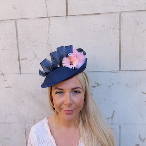 Large Navy Blue & Blush Dusky Pink Disc Feather Flower Fascinator Hat Races Hatinator Wedding Guest Hairband Headband Headpiece Ascot u11605