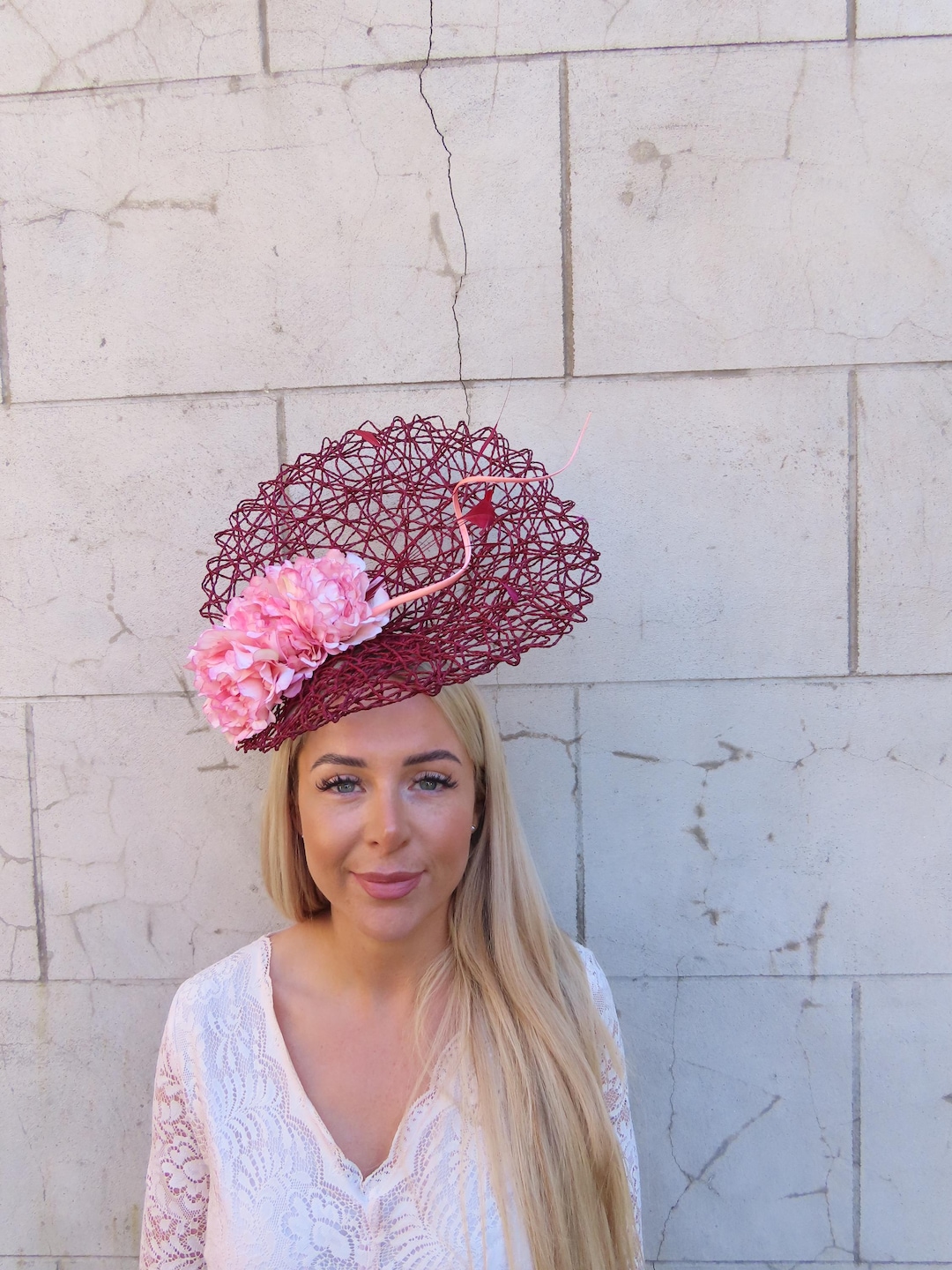 One off Piece Large Light Blush Pink Burgundy Flower Feather Hat ...