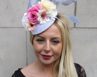 Blush Light Pink Lilac Blue Cream Flower Feather Hat Hair Fascinator Floral or-27