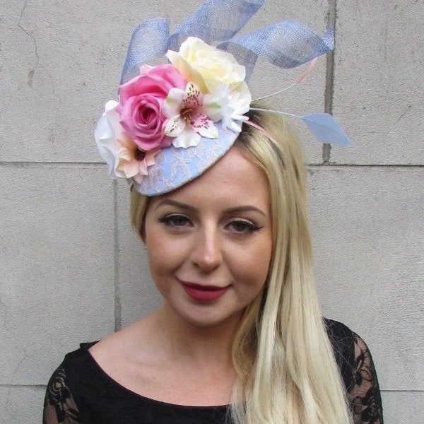 Blush Light Pink Lilac Blue Cream Flower Feather Hat Hair Fascinator Floral or-27