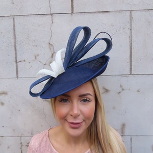 One Off Piece -  Large Navy Blue & Ivory Light Cream Feather Fascinator Disc Hat Races Hatinator Wedding Headband u12502