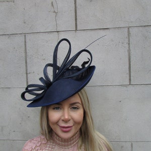 Large Navy Blue Fascinator Hat Big Teardrop Wedding Guest Headpiece Races Hatinator Formal Occasion Dark Navy on a Headband c1b