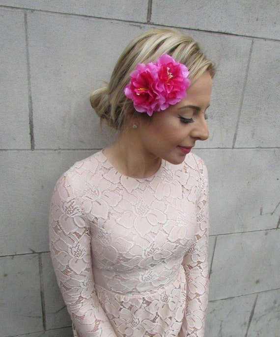 Double Cerise Hot Pink Peony Flower Hair Clip Fascinator 1950s Rose Vintage 5269
