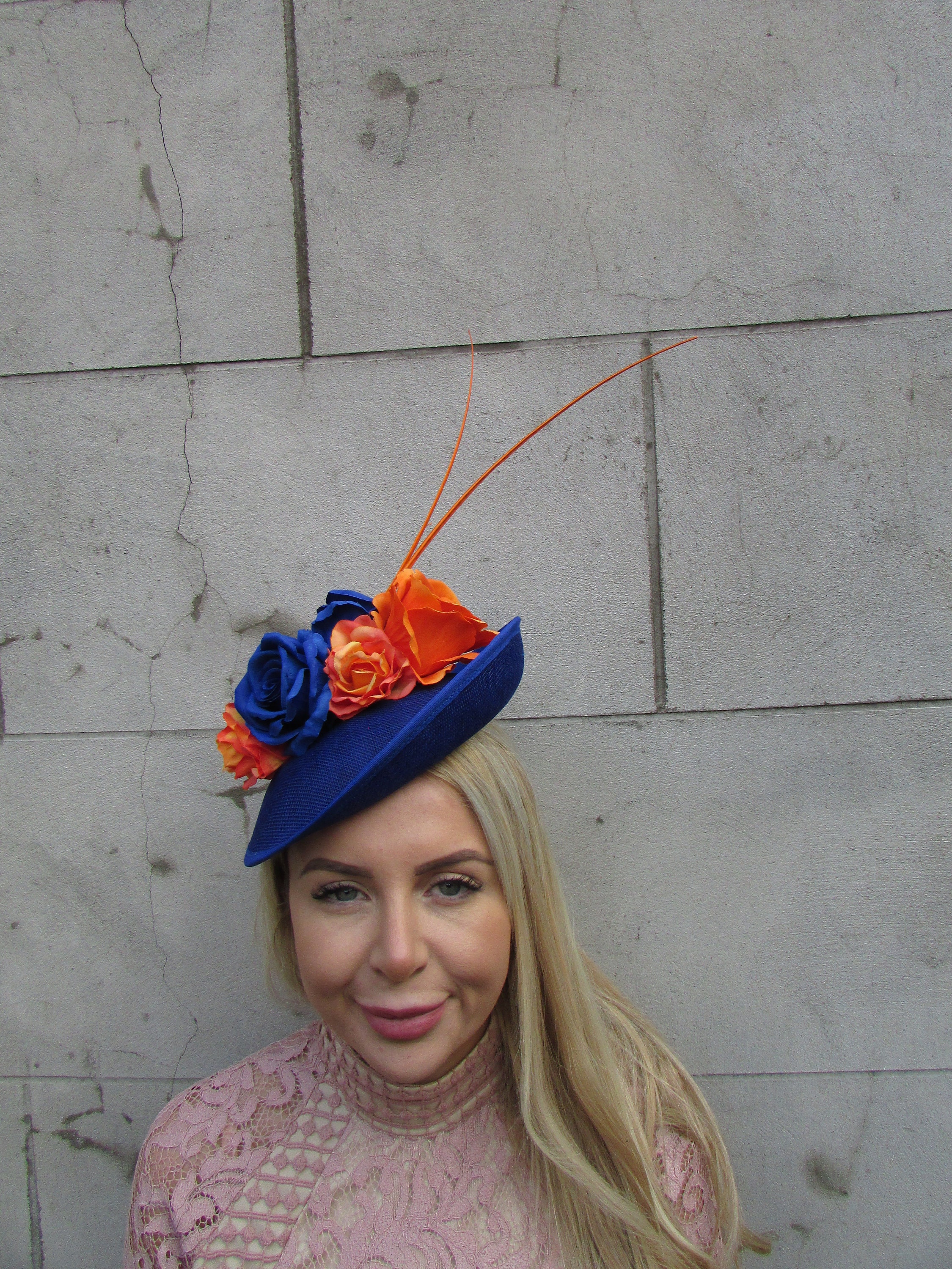 Royal Blue Orange Feather Flower Disc Saucer Hat Fascinator 
