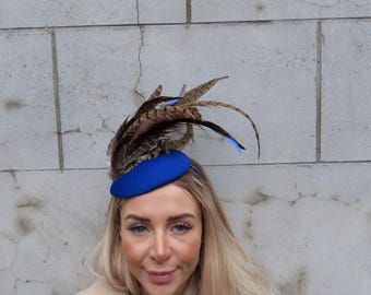 Blue and Brown Feather Headpiece Large Navy Blue Brown Pheasant Feather Fascinator Hat Big  main image 4