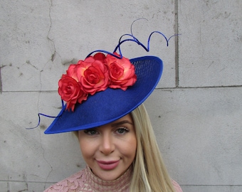 Nouveau grand bleu royal et orange brûlé rose fleur plume larme bibi chapeau courses de mariage casque dames jour sh-449