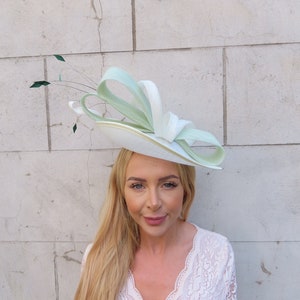 One off Piece Large Cream Bottle Green Light Mint Green Fascinator Hat Big Teardrop Hatinator Races Wedding Guest Pale Green u11404