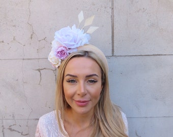 Cream Champagne & Light Lilac Rose Flower Velvet Padded Headband Fascinator Headpiece Wedding Races Ascot Hairband Halo u10505
