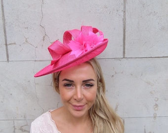 Hot Pink Fuchsia Feather Flower Sinamay Disc Hat Hatinator Fascinator One off Piece u12608