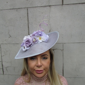 Large Light Grey Lilac Lavender Cream Ivory Purple Flower Fascinator Hat Big Teardrop Races Headpiece Hatinator Floral sh-362uu