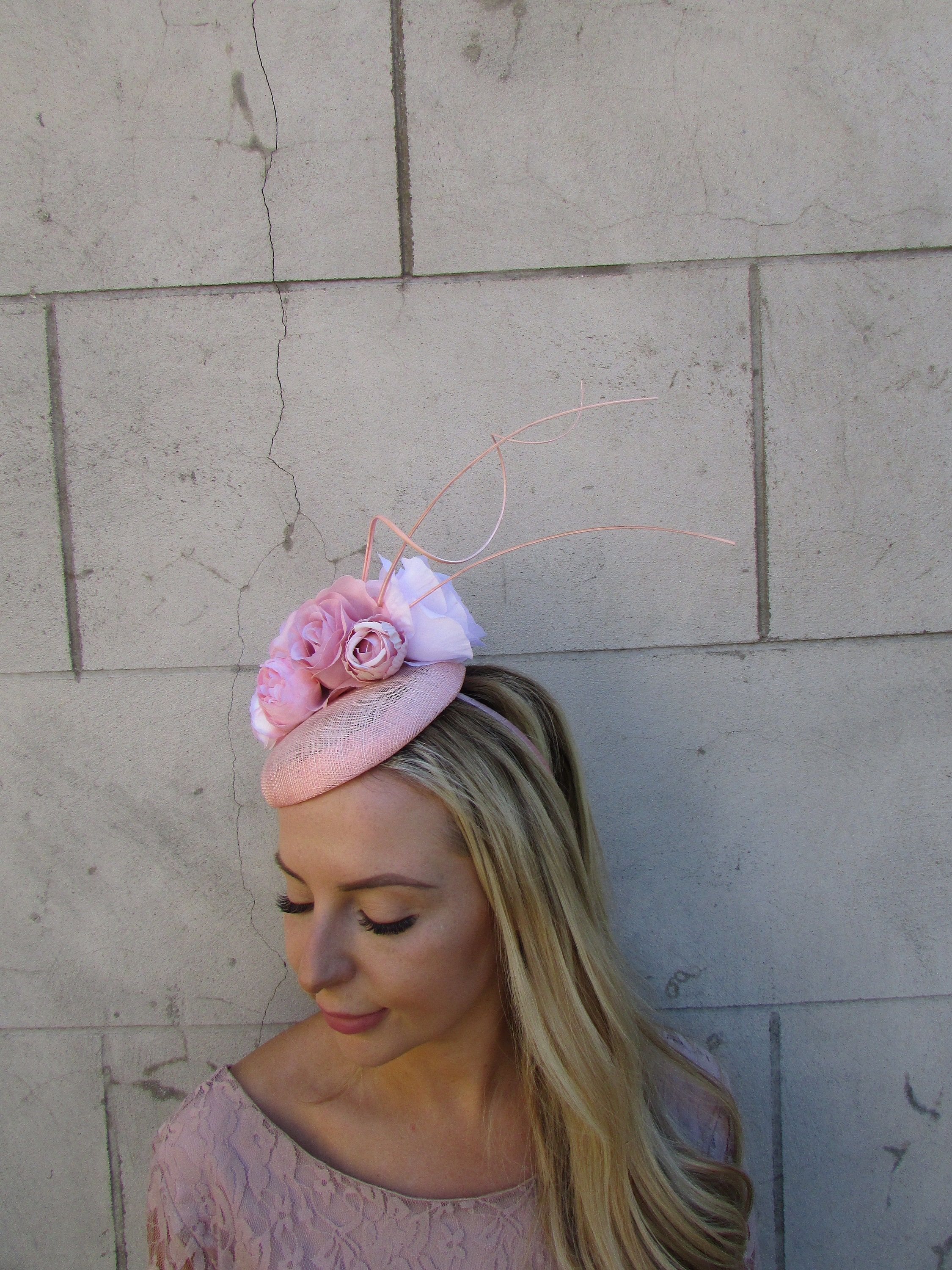 Blush Pink Peach Dusky Rose Flower Feather Pillbox Hat Hair Fascinator ...