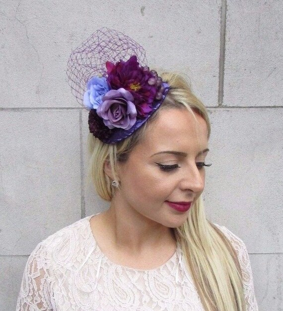 Dark Purple Lilac Rose Flower Fascinator Net Hair Headband Etsy